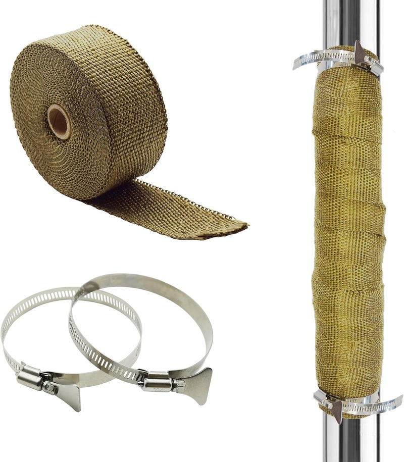 DOBTIM Fireproof Pipe Wrap Insulation 2" Wide X 32' Long, Fiberglass Heat Shield Tape Pipe Webbing for Stove Flue Protector with 2 Clamps,Titanium - Image 1